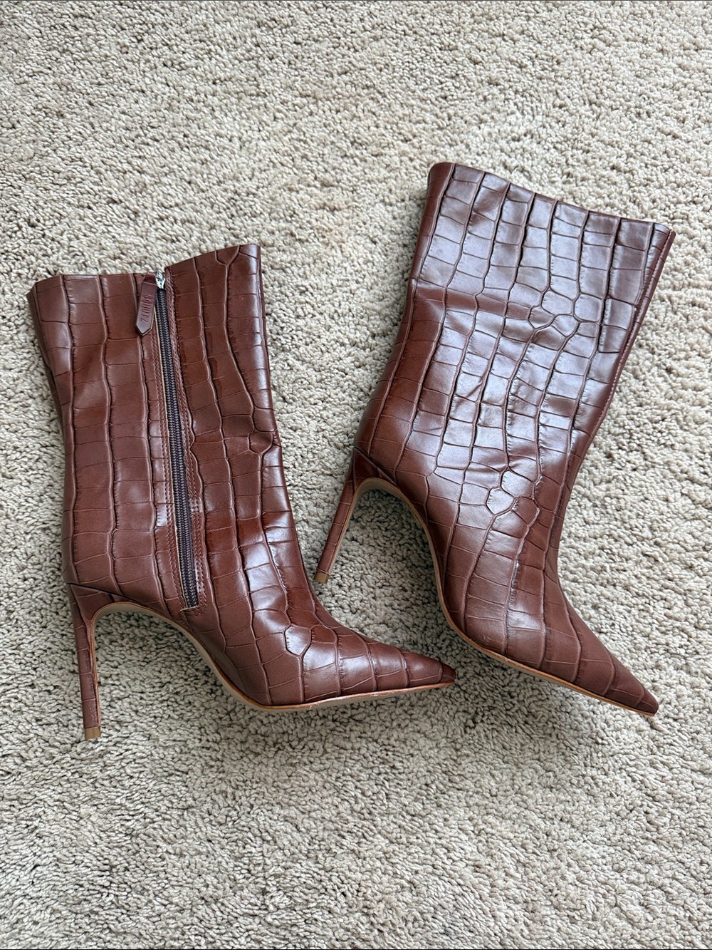 Brown Croc-Embossed Pointed Toe Boots